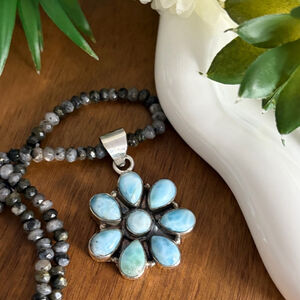 Boho Southwest Larimar Flower Pendant Moonstone Necklace Handmade New 925